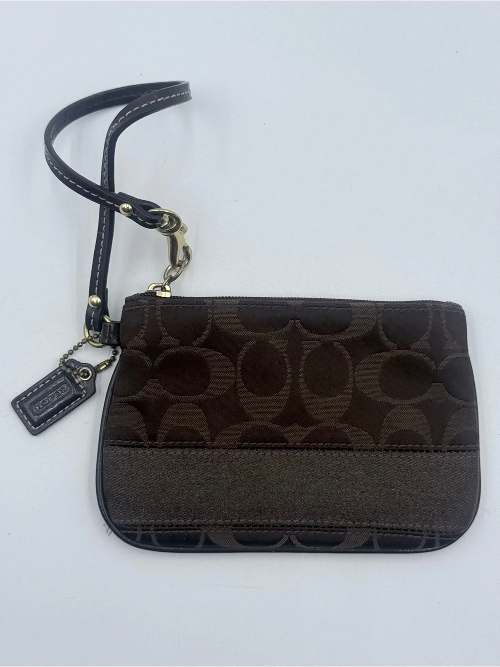 Coach Signature C Dark Brown Jacquard Wristlet Mini Pouch Leather Strap Y2K